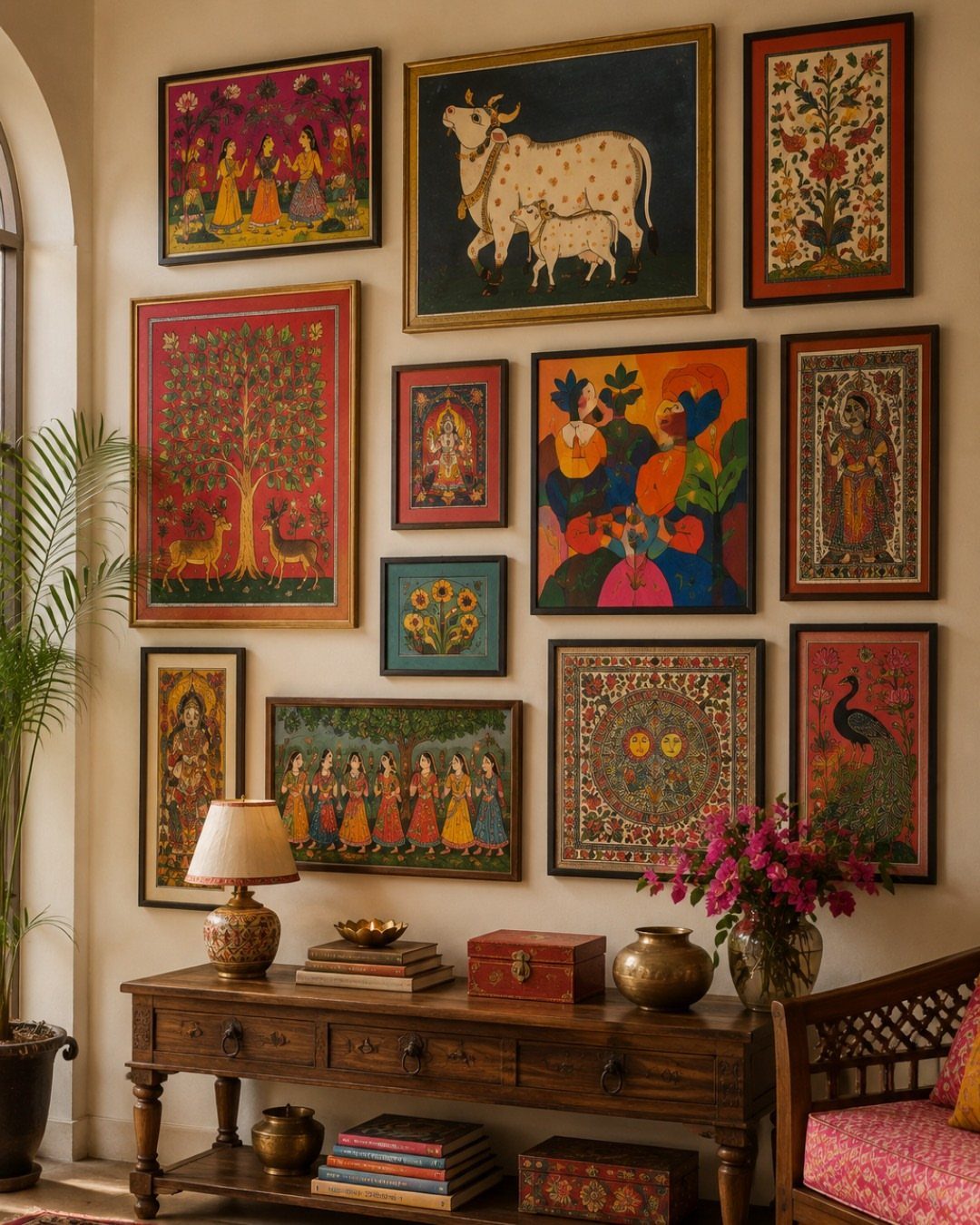 Gallery wall of colorful framed art above a wooden console table with flowers.