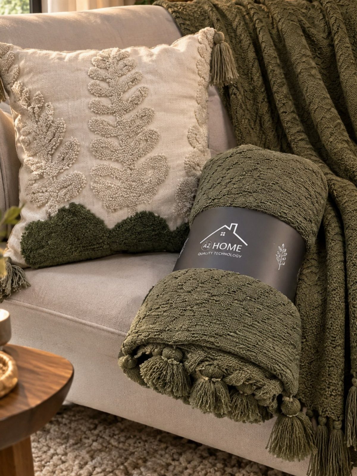 Decorative cream pillow and olive green textured throw blanket on a beige sofa.
