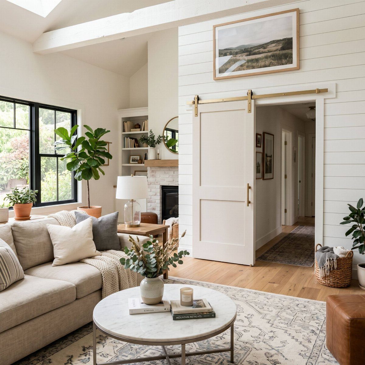 White sliding barn door separating a bright living room from a hallway