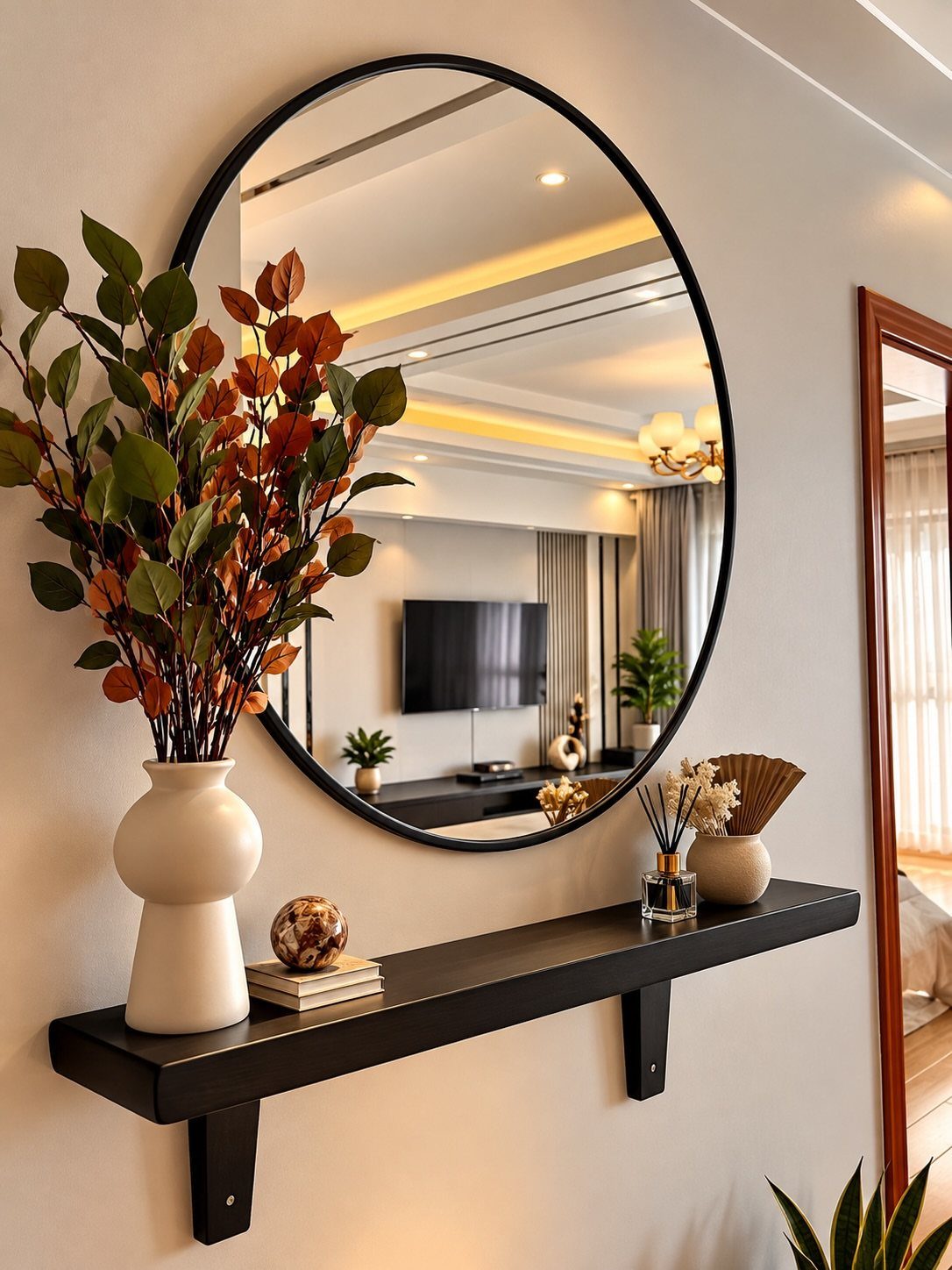 Oval black framed mirror reflecting a living room above a black floating shelf
