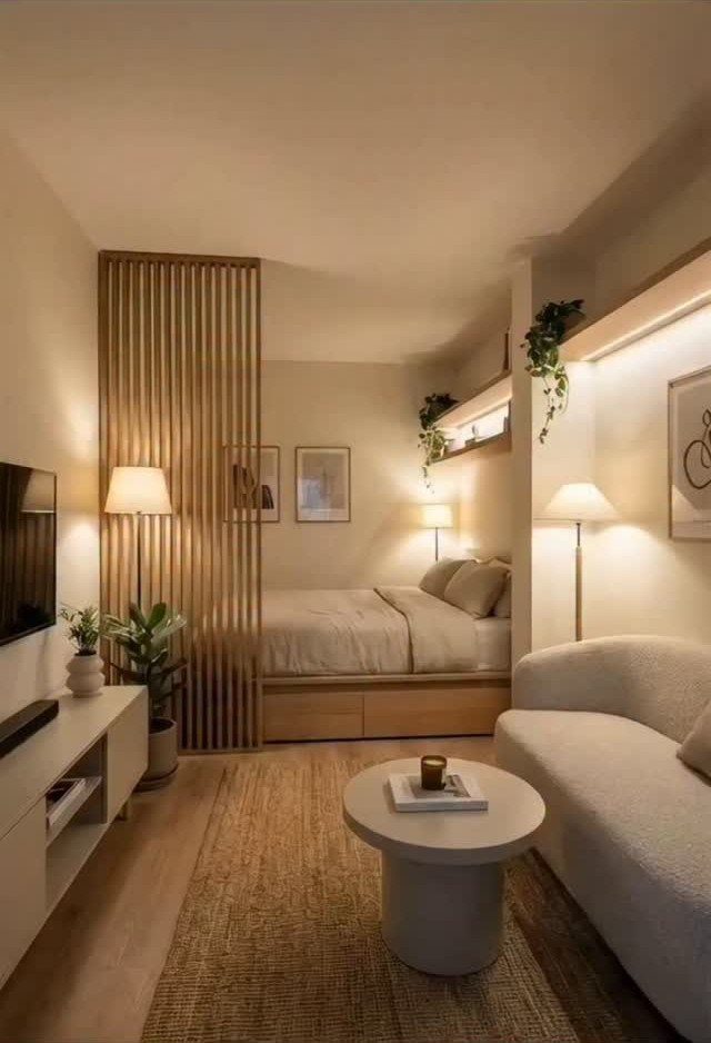 Studio apartment with a living area and bedroom separated by wooden slats.