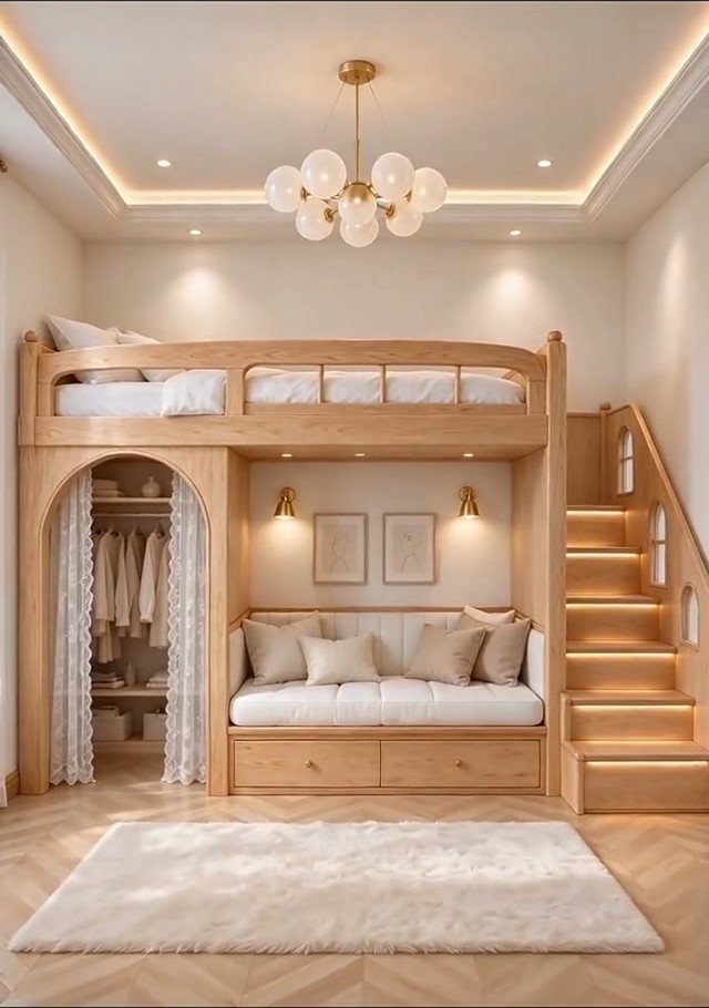 Wooden loft bed featuring a built-in closet and daybed underneath in a bright room.