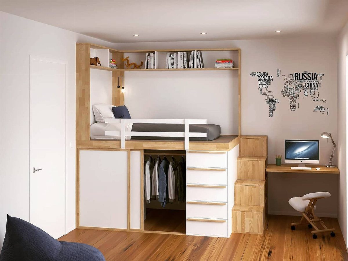 Loft bed with a white sliding door closet and open wardrobe underneath.
