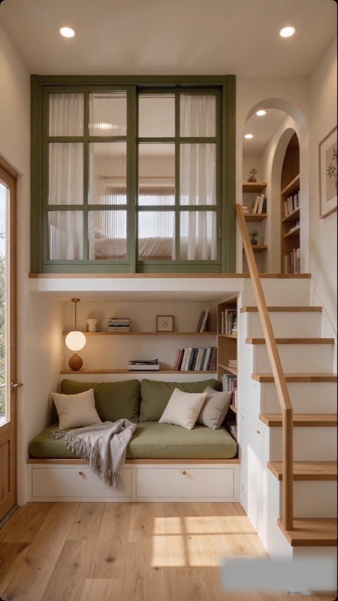Raised bedroom loft with a glass partition above a built-in green sofa area.
