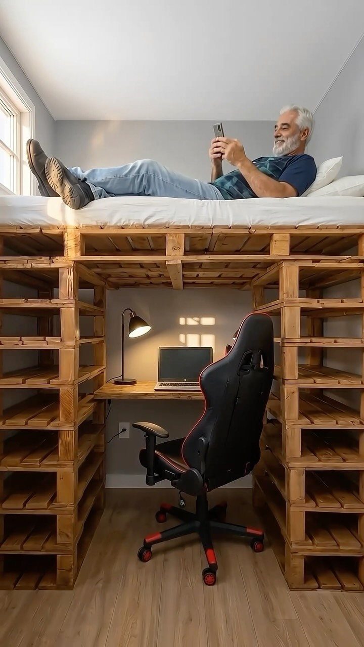 Adult man relaxing on a wooden pallet loft bed above a gaming desk