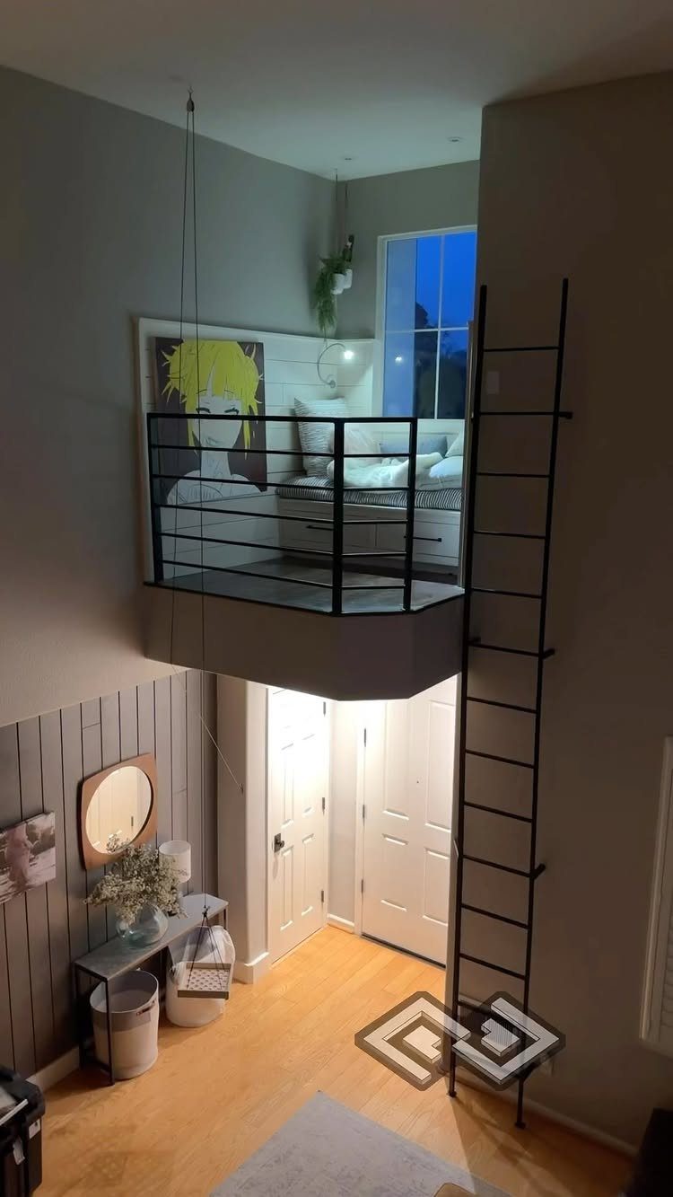 Modern loft bed with black metal railing and ladder in a grey bedroom