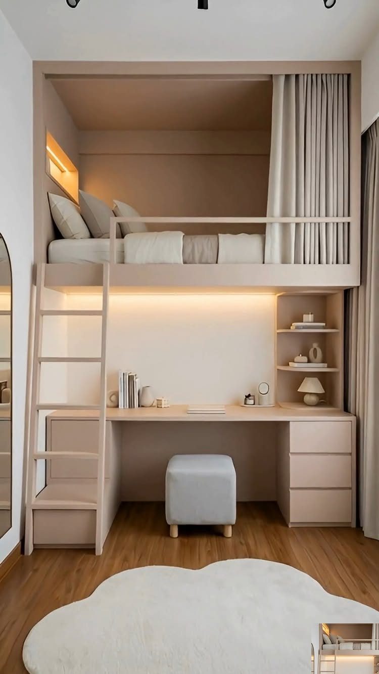 Beige loft bed with integrated desk, storage drawers, and a wooden access ladder.