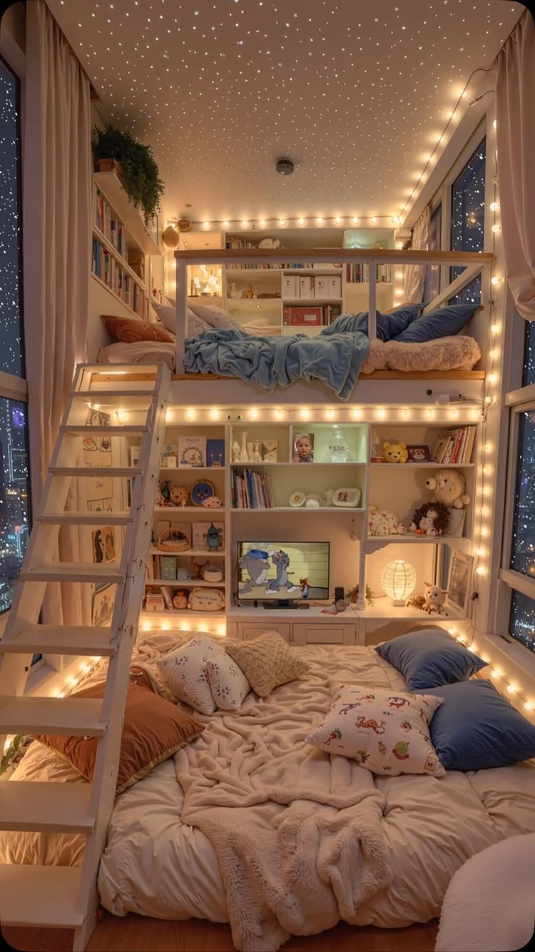 White wooden loft bed with blue bedding and fairy lights in a cozy room