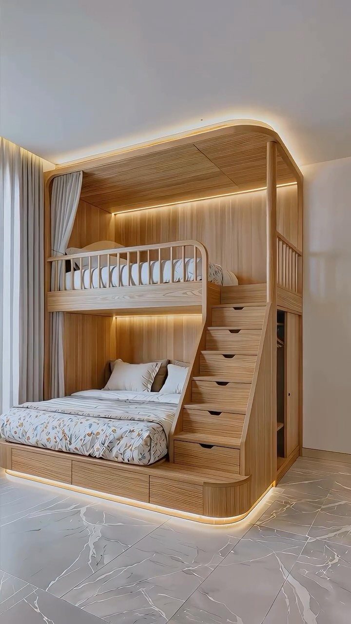 Wooden loft bed with built-in stairs and integrated lighting in a modern bedroom