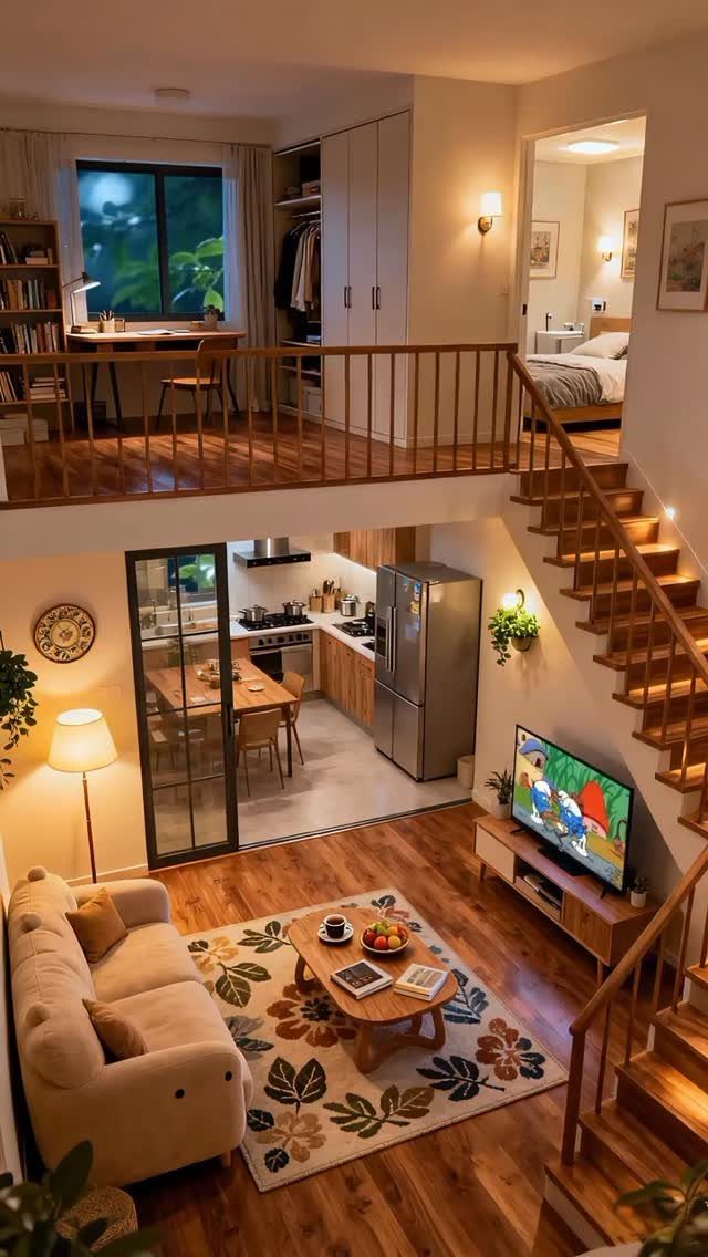 Loft apartment with a wooden upper floor bedroom overlooking a cozy living room.