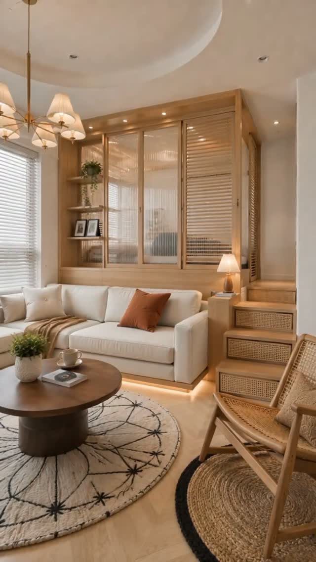 Modern living room featuring a light-wood loft bed structure above a white sofa.