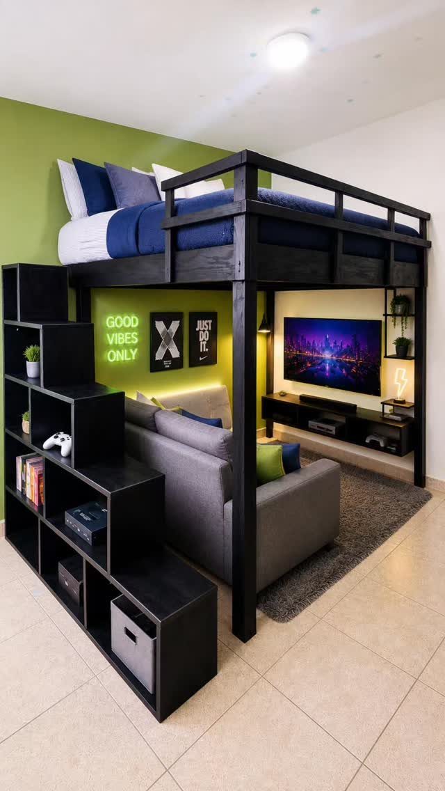 Black loft bed with full guardrails over a grey sofa and television setup.
