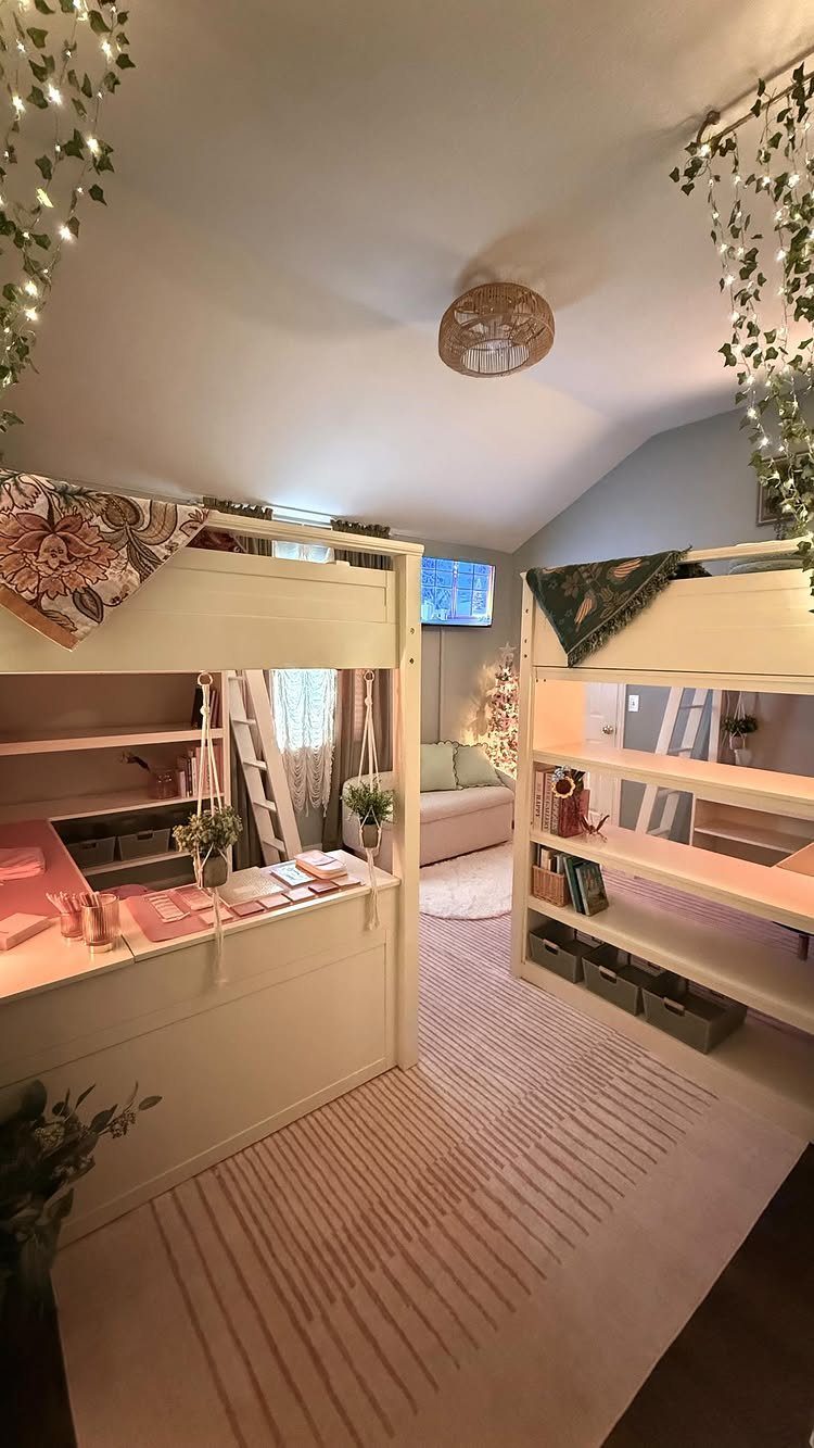 White wooden loft beds with desks underneath in a cozy room with a sofa.