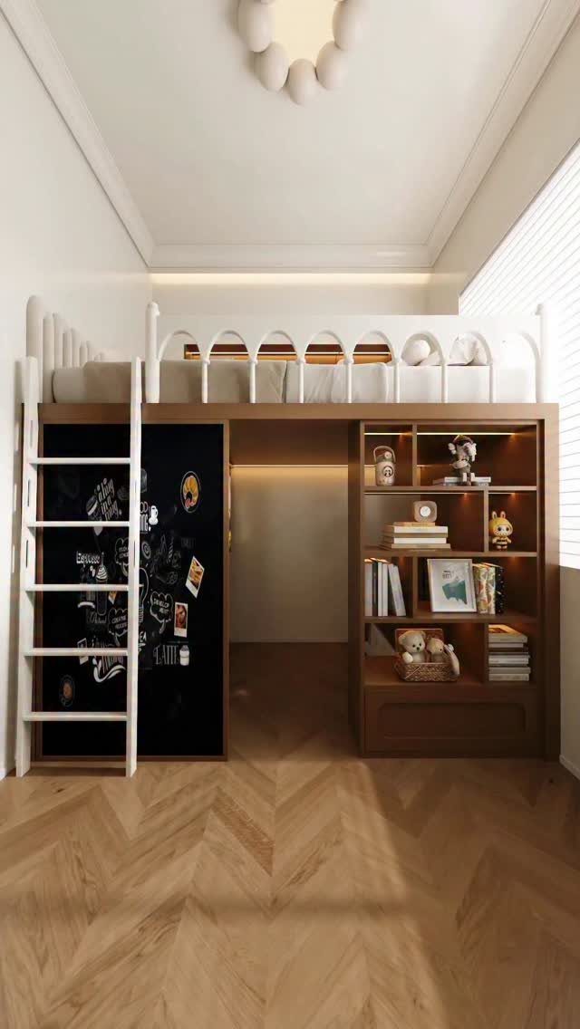 White loft bed with wooden shelving and a chalkboard wall in a modern room.