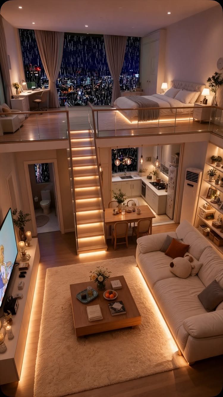 Modern studio apartment with a lofted bed and a cozy living room below.