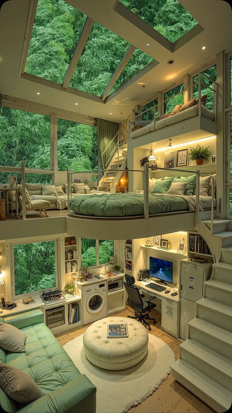 Multi-level studio apartment with a loft bed, glass ceiling, and green furniture.