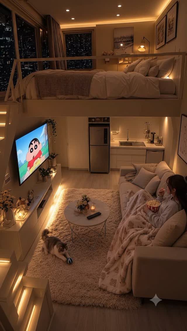 Loft bed overlooking a cozy studio apartment living room and small kitchen area.