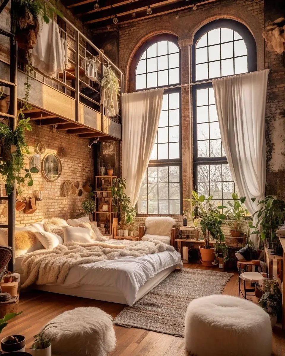 Cozy studio apartment with a bed on the floor and a wooden loft above.
