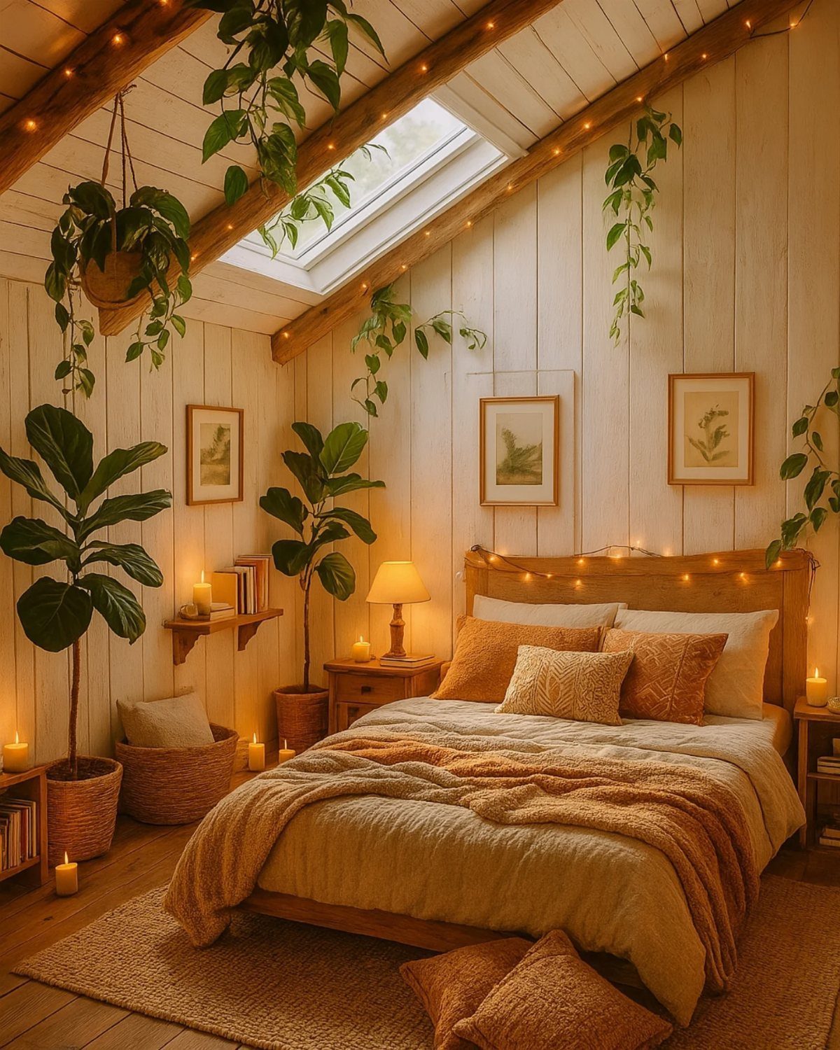 Cozy attic bedroom with warm orange bedding, indoor plants, and string lights.