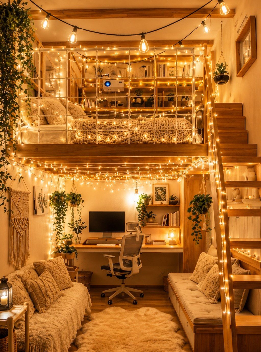 Boho loft bedroom with warm string lights, indoor plants, and a cozy living area.