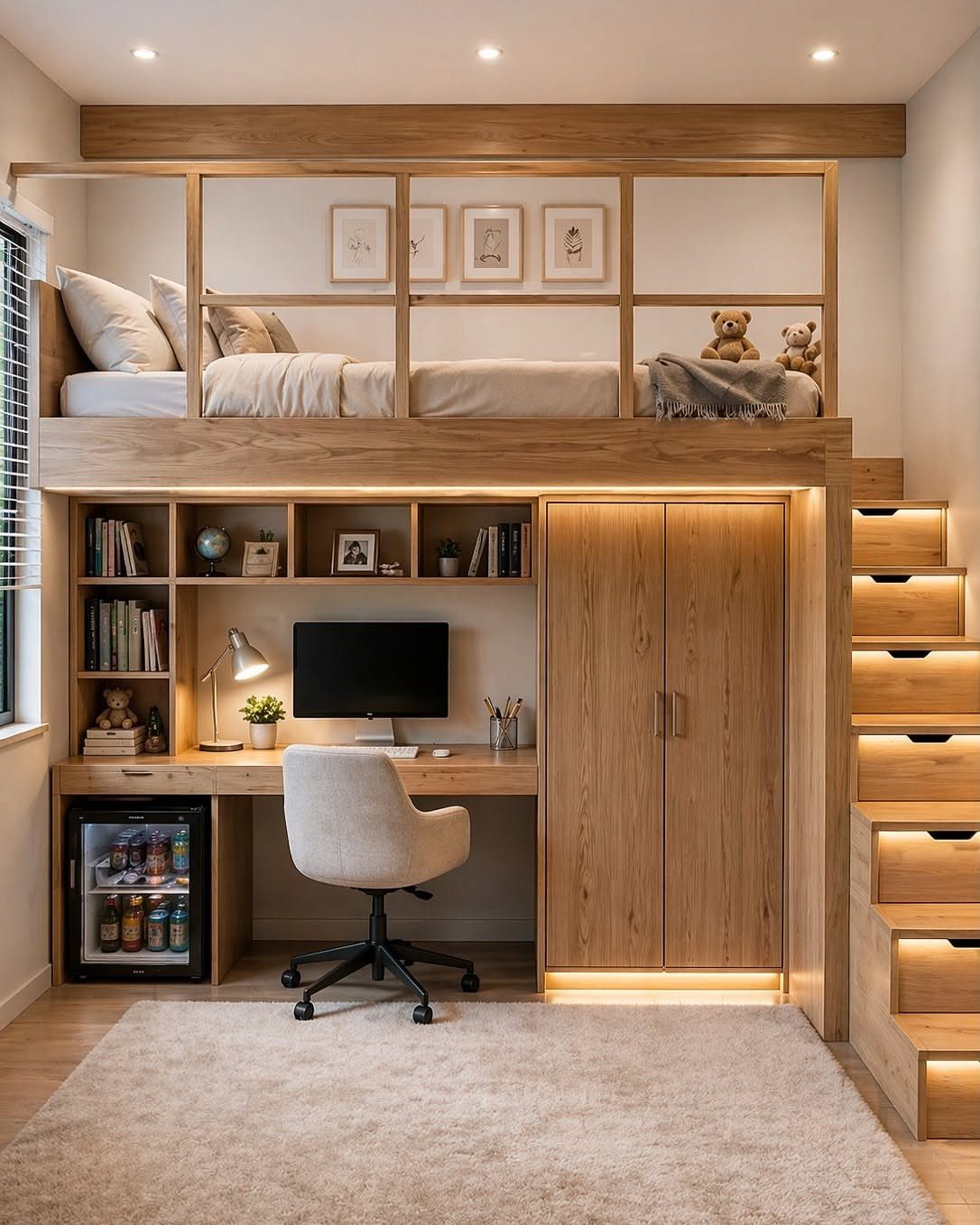 Light wood loft bed with a built-in desk, computer, and wardrobe underneath.