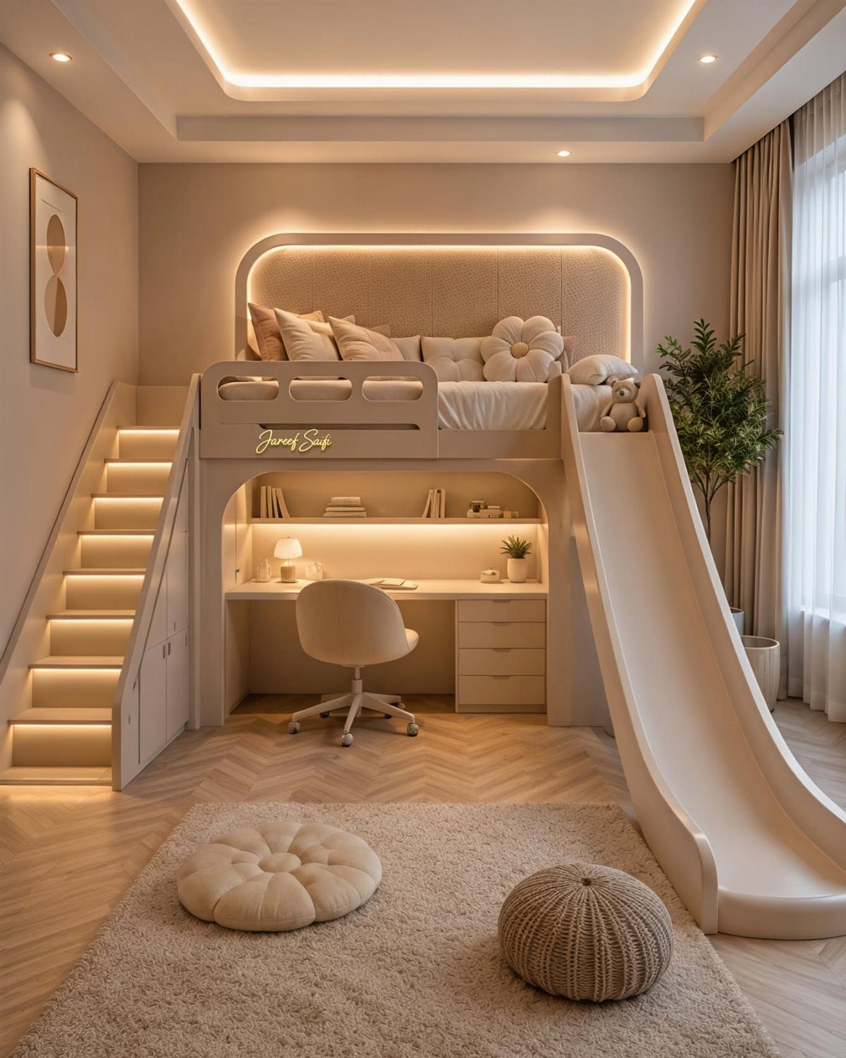 Beige loft bed with a slide, built-in desk, and illuminated stairs in a bedroom.
