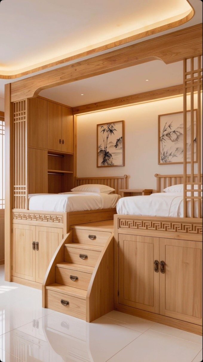 Wooden loft beds with built-in storage cabinets and stairs in a modern room