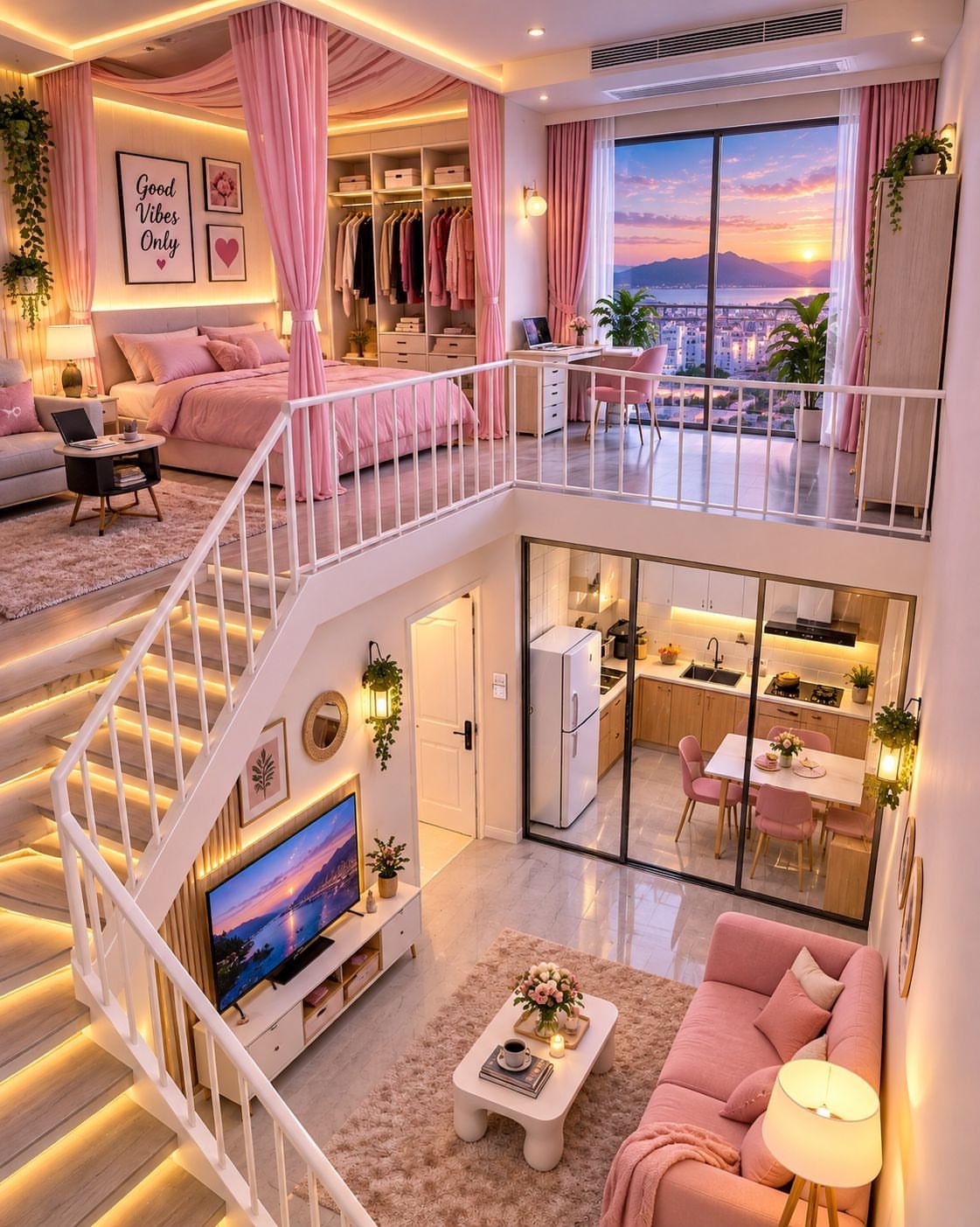 Loft bedroom with pink bedding and curtains overlooking a modern living area.