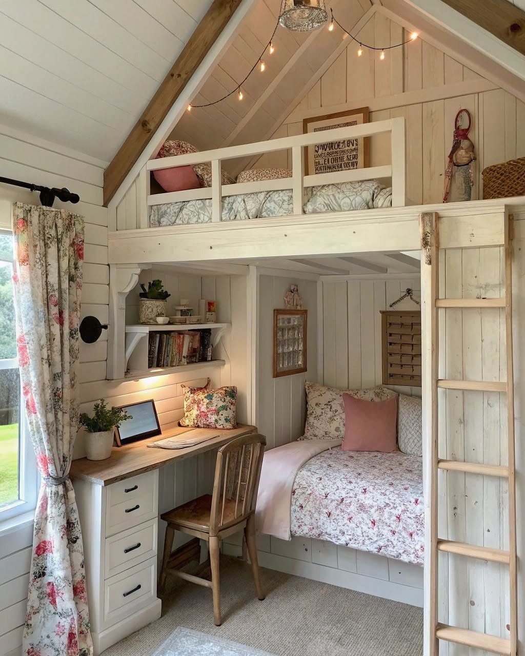 White and wood loft bedroom with a built-in desk and lower bed.