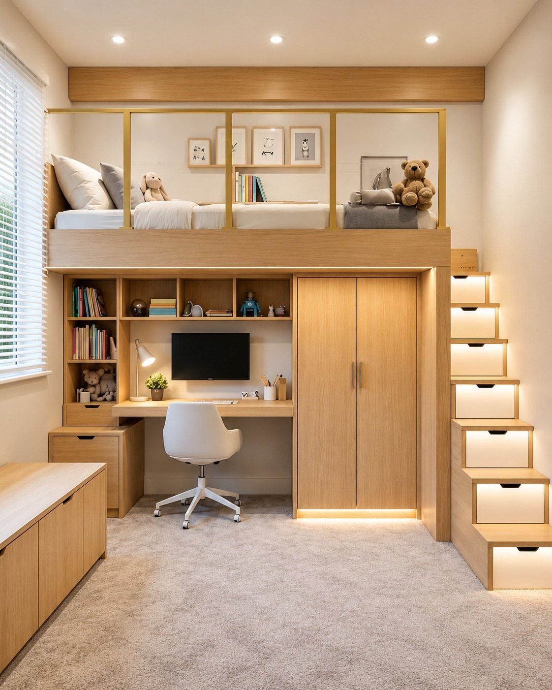 Loft bed with gold metal guardrails, integrated desk, and storage stairs in bedroom