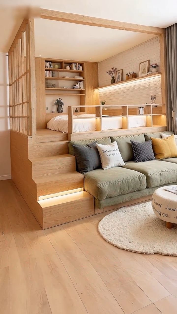 Light-wood loft bed with integrated sofa and stairs for a low ceiling room