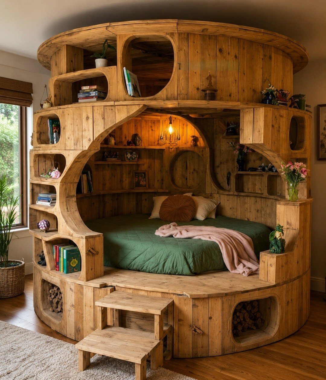 Circular wooden hobbit-style bed with built-in shelving and a small upper loft area.
