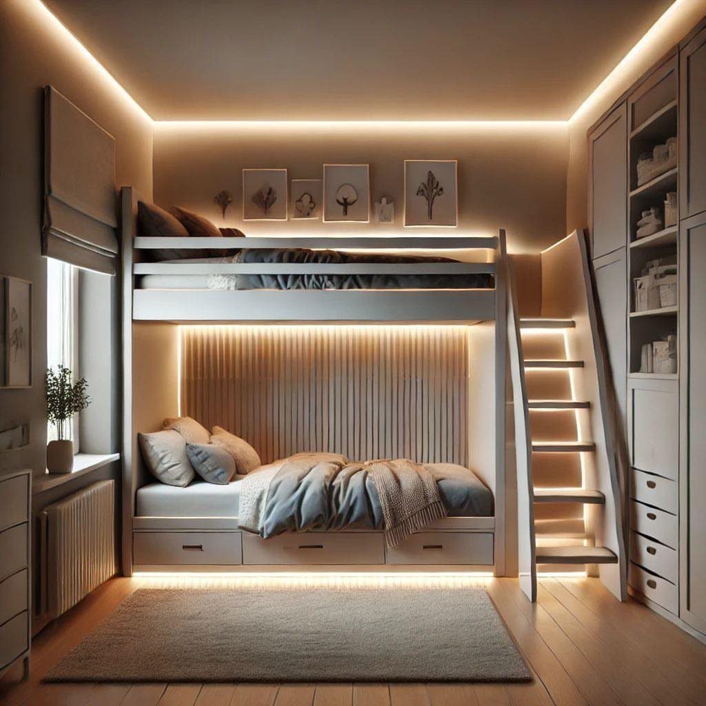 Wooden loft bed with a lower bed in a small, modern bedroom