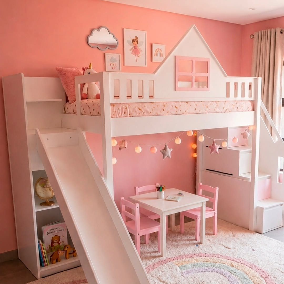 White kids twin loft bed with slide and house-shaped roof in pink bedroom