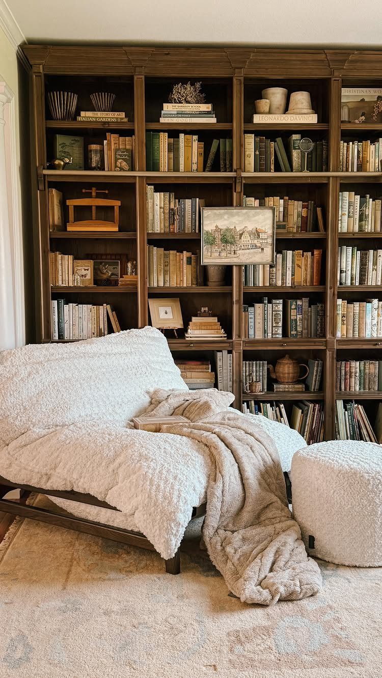 White textured lounge chair and ottoman in front of a large wooden bookshelf.