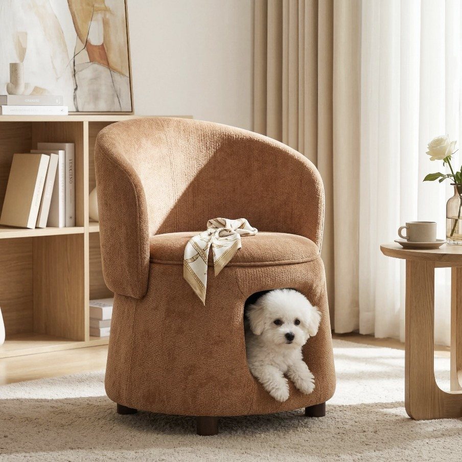 Brown textured lounge chair with a small white dog peeking from a bottom opening.