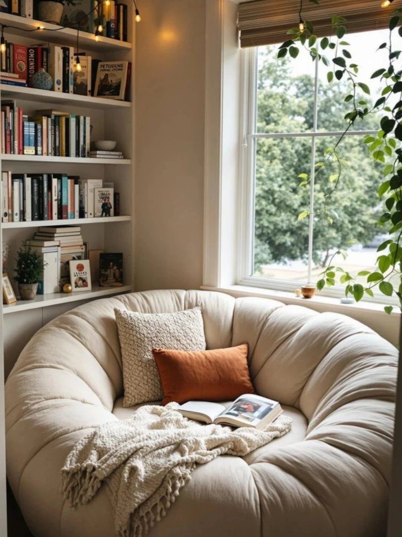 Round cream lounge chair with pillows and a book next to a bookshelf