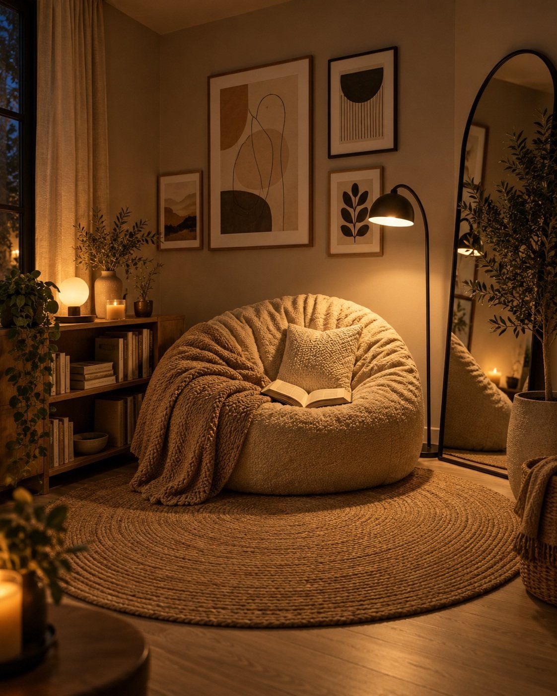 Cream textured bean bag lounge chair in a cozy bedroom with warm lighting