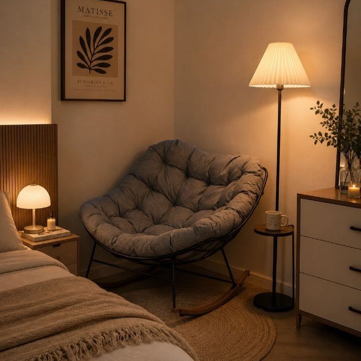 Grey tufted papasan lounge chair in a warmly lit bedroom corner with lamps.