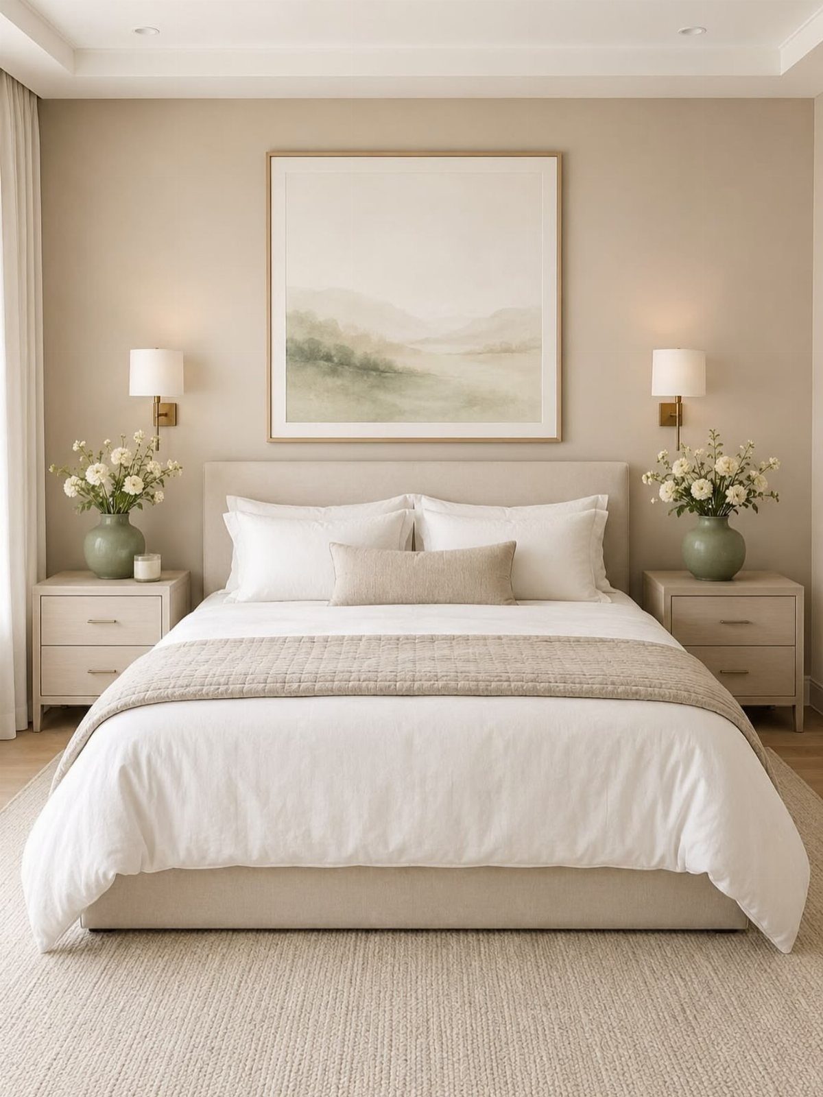 Bed with crisp white neutral bedding, beige accents, and white flowers in a bedroom.