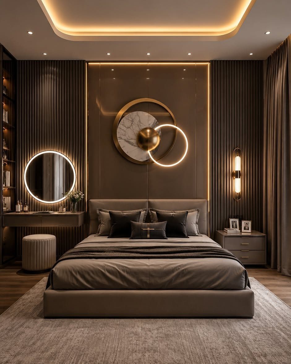 Modern luxury bedroom with grey upholstered bed and dark brown slatted walls