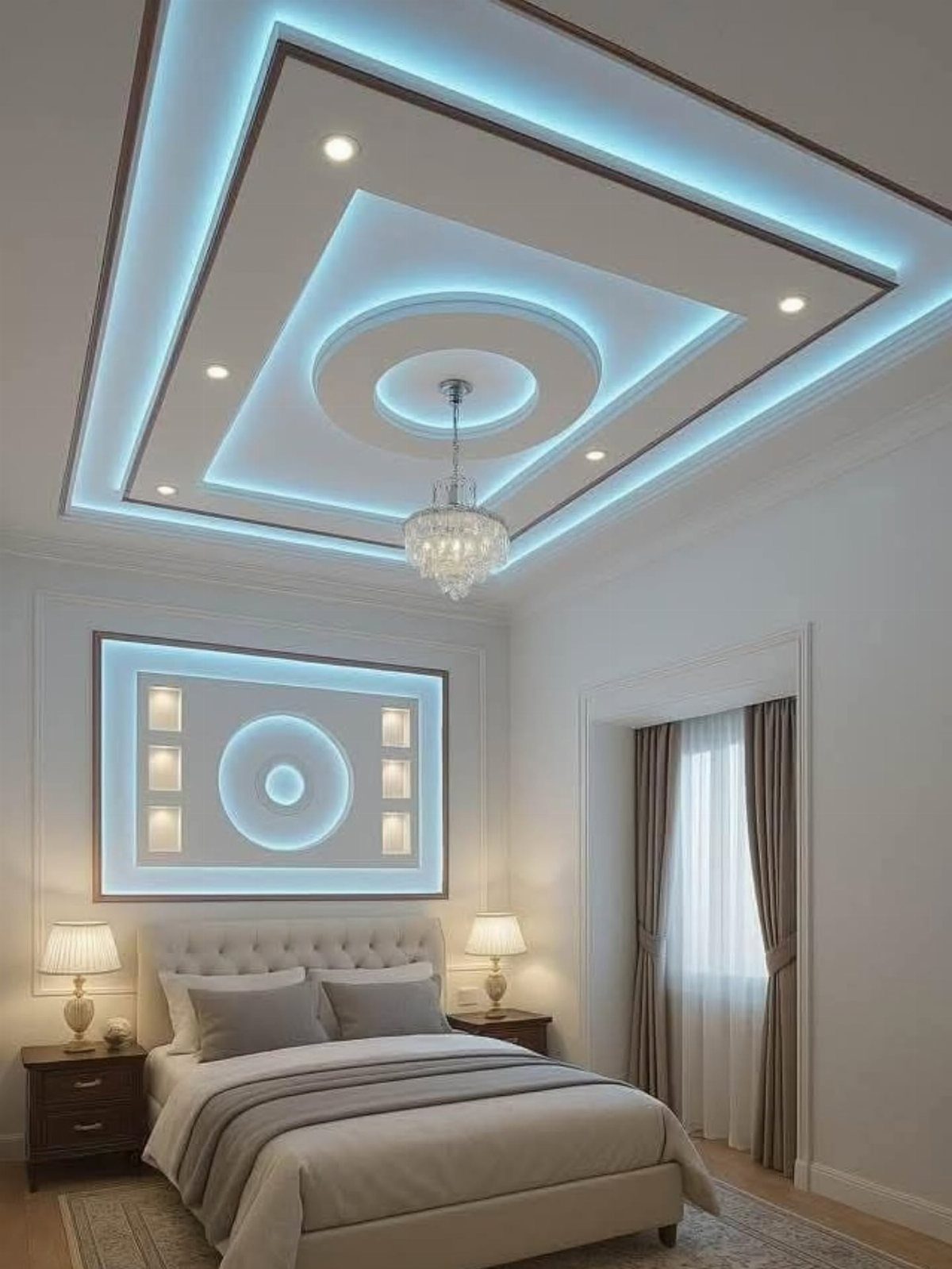 Recessed ceiling with blue LED lighting and crystal chandelier in luxury bedroom