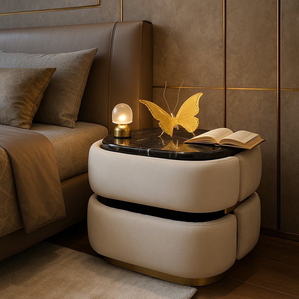 Round white upholstered nightstand with black marble top, gold butterfly, and small lamp.