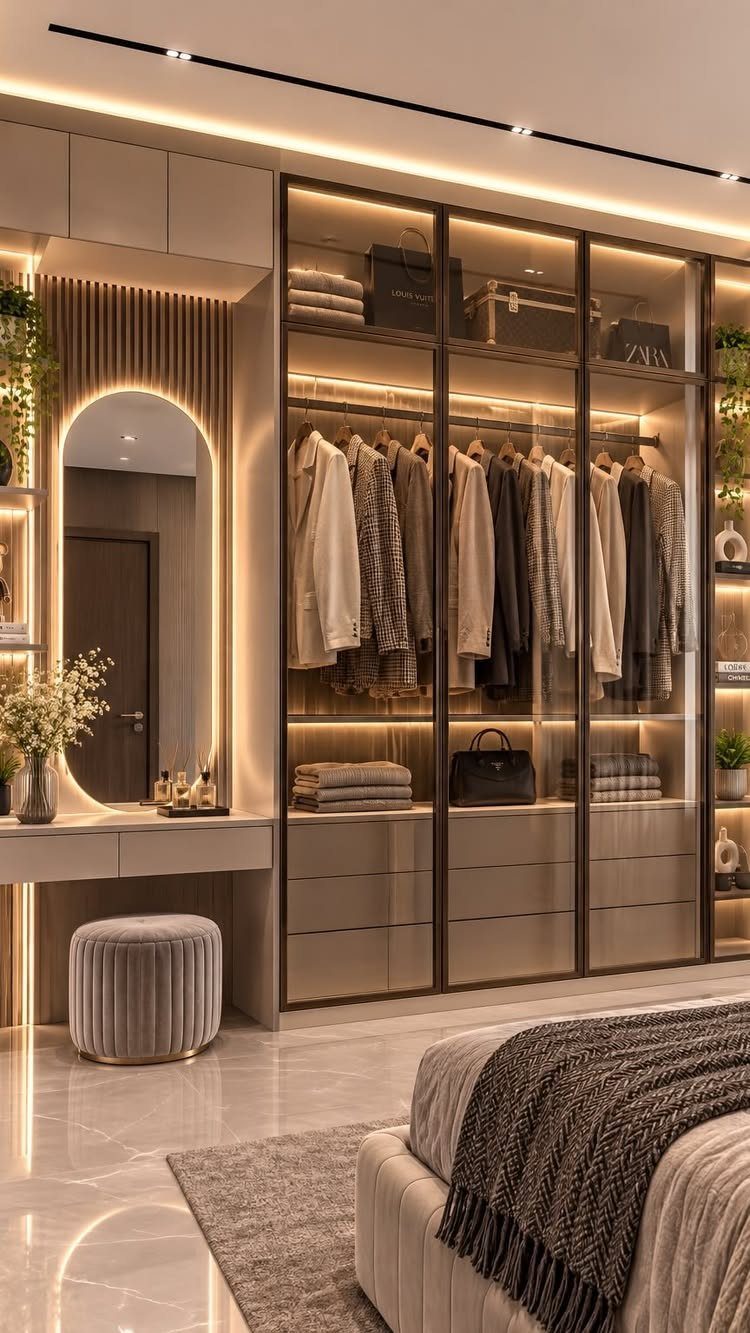 Modern luxury bedroom with integrated LED lighting in wardrobes and an illuminated mirror.