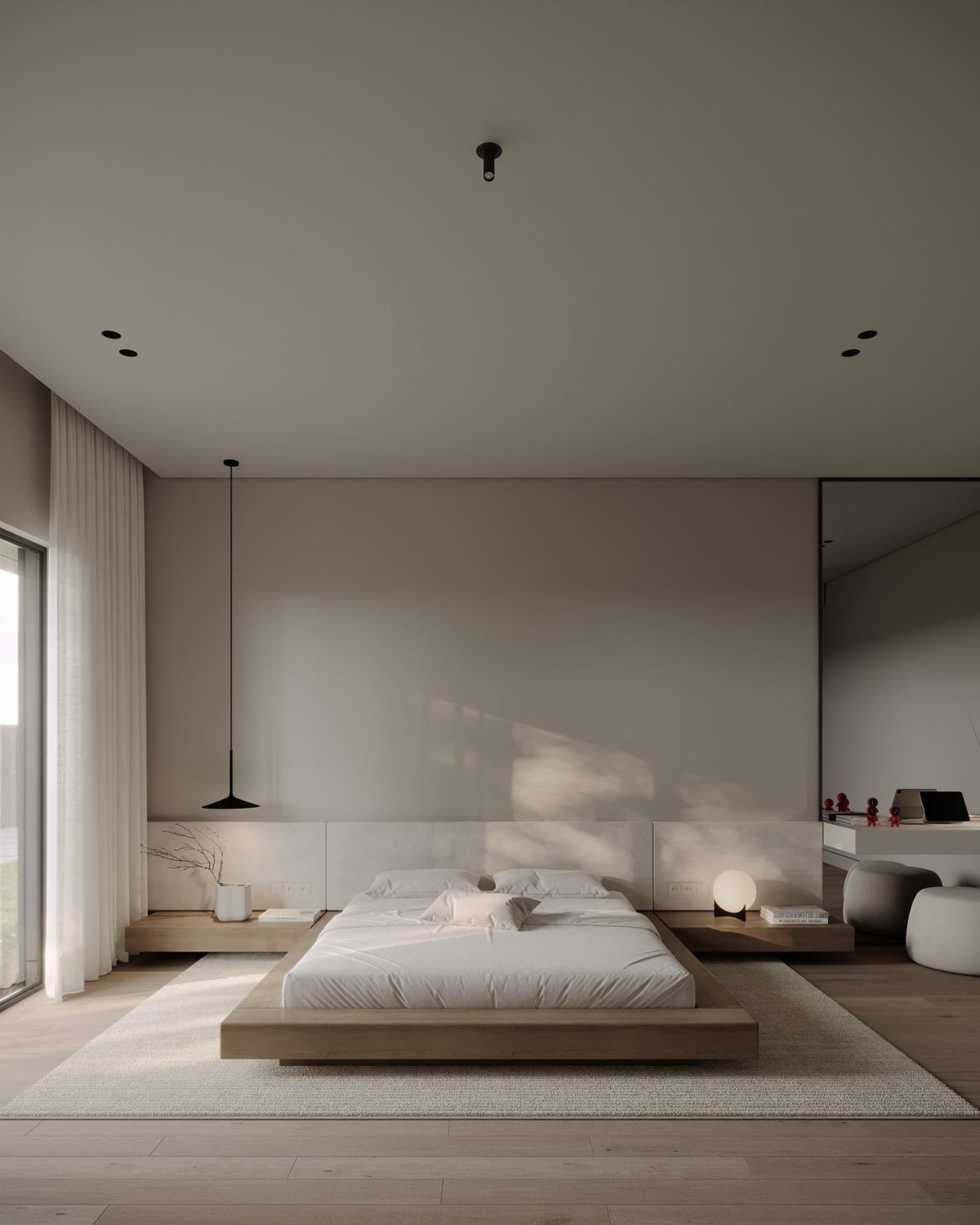 Low-profile wooden platform bed with white linens in a minimalist luxury bedroom