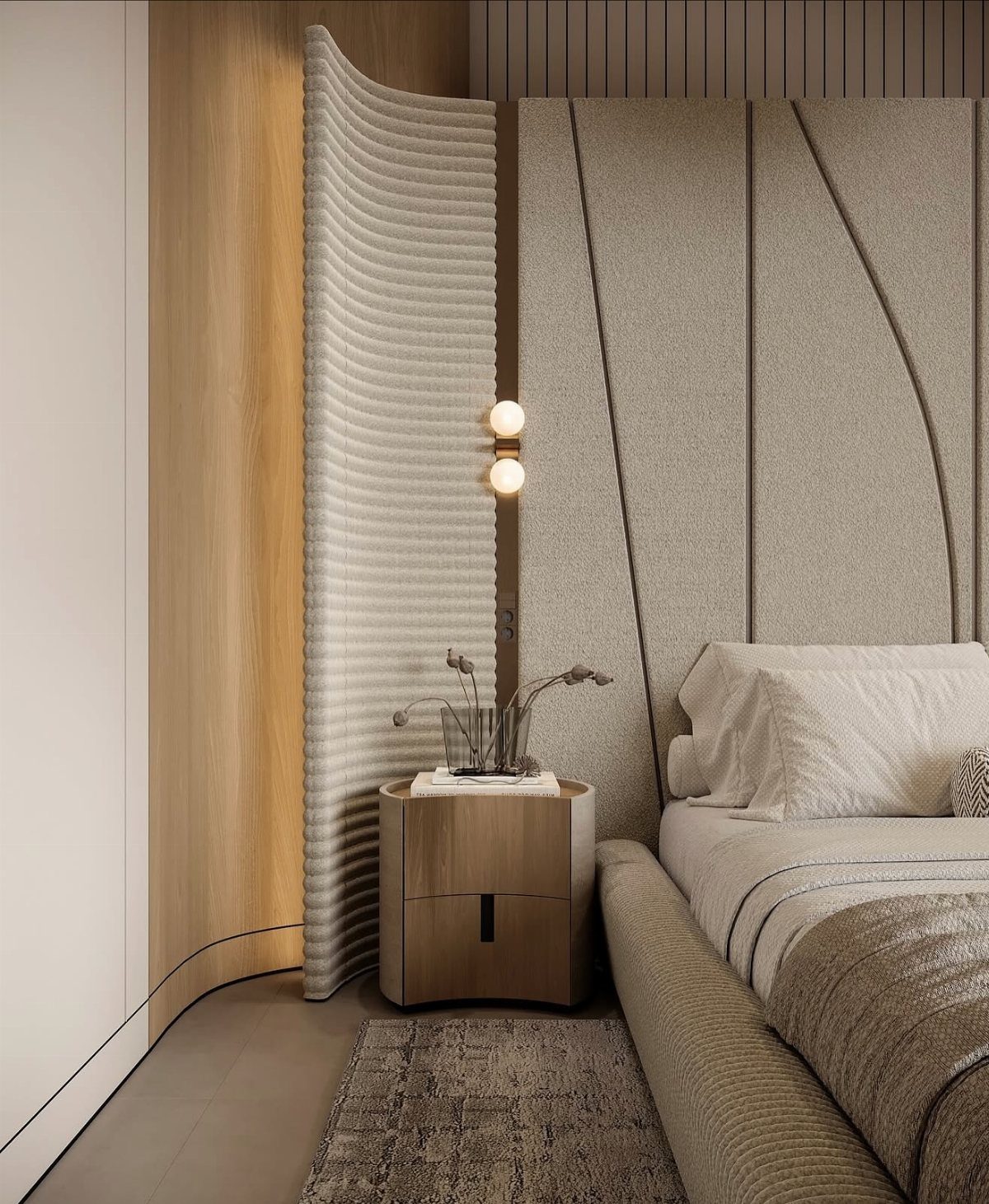 Textured beige accent wall with vertical panels behind a luxury bed and nightstand.