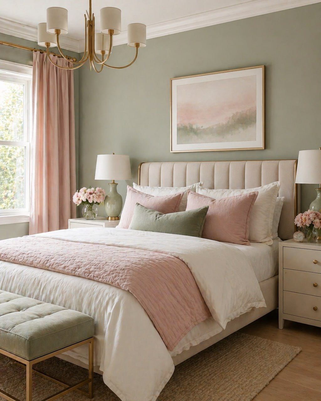 Bedroom with sage green walls, dusty pink bedding, and a beige upholstered headboard.