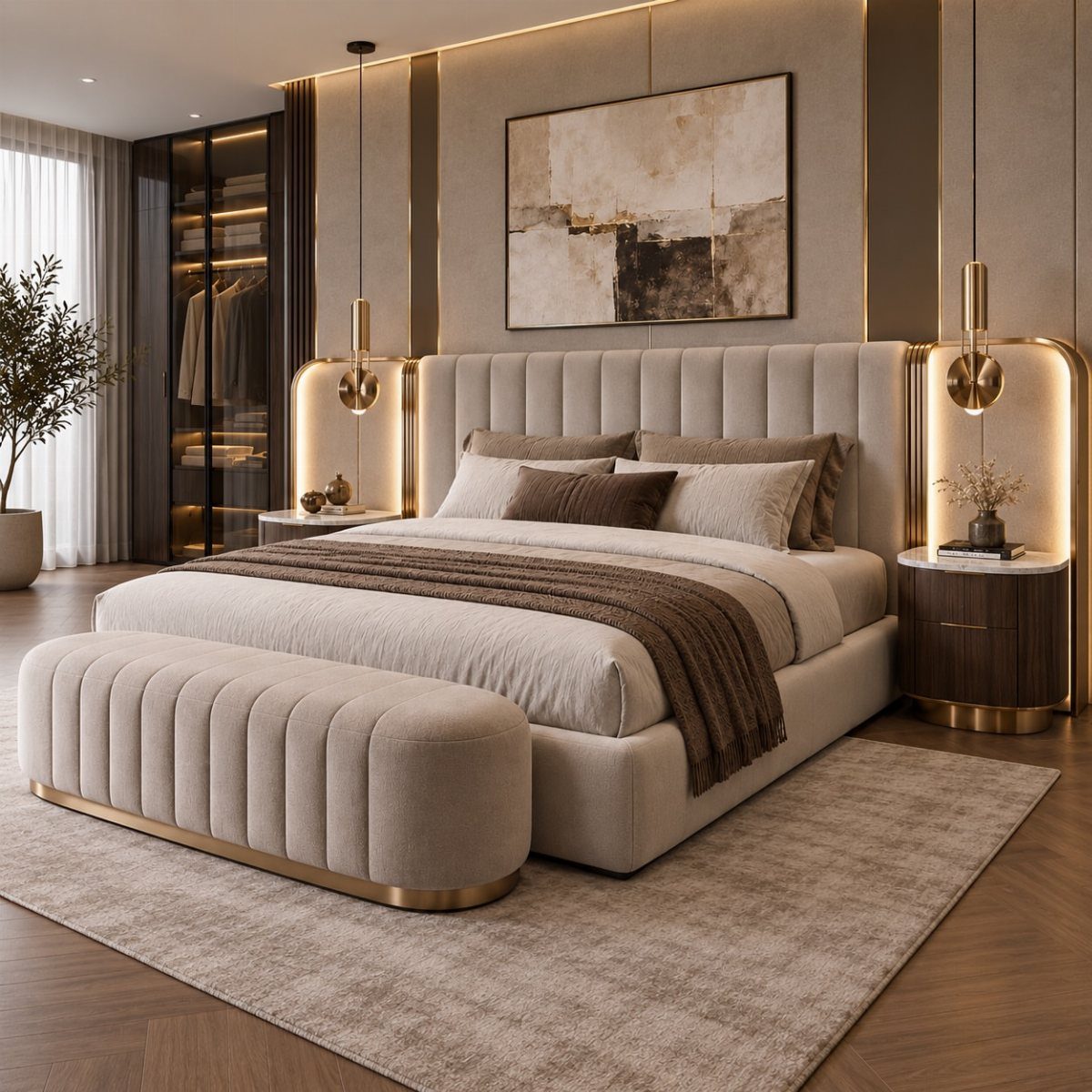 Tall beige upholstered headboard with matching bed bench in a luxury bedroom