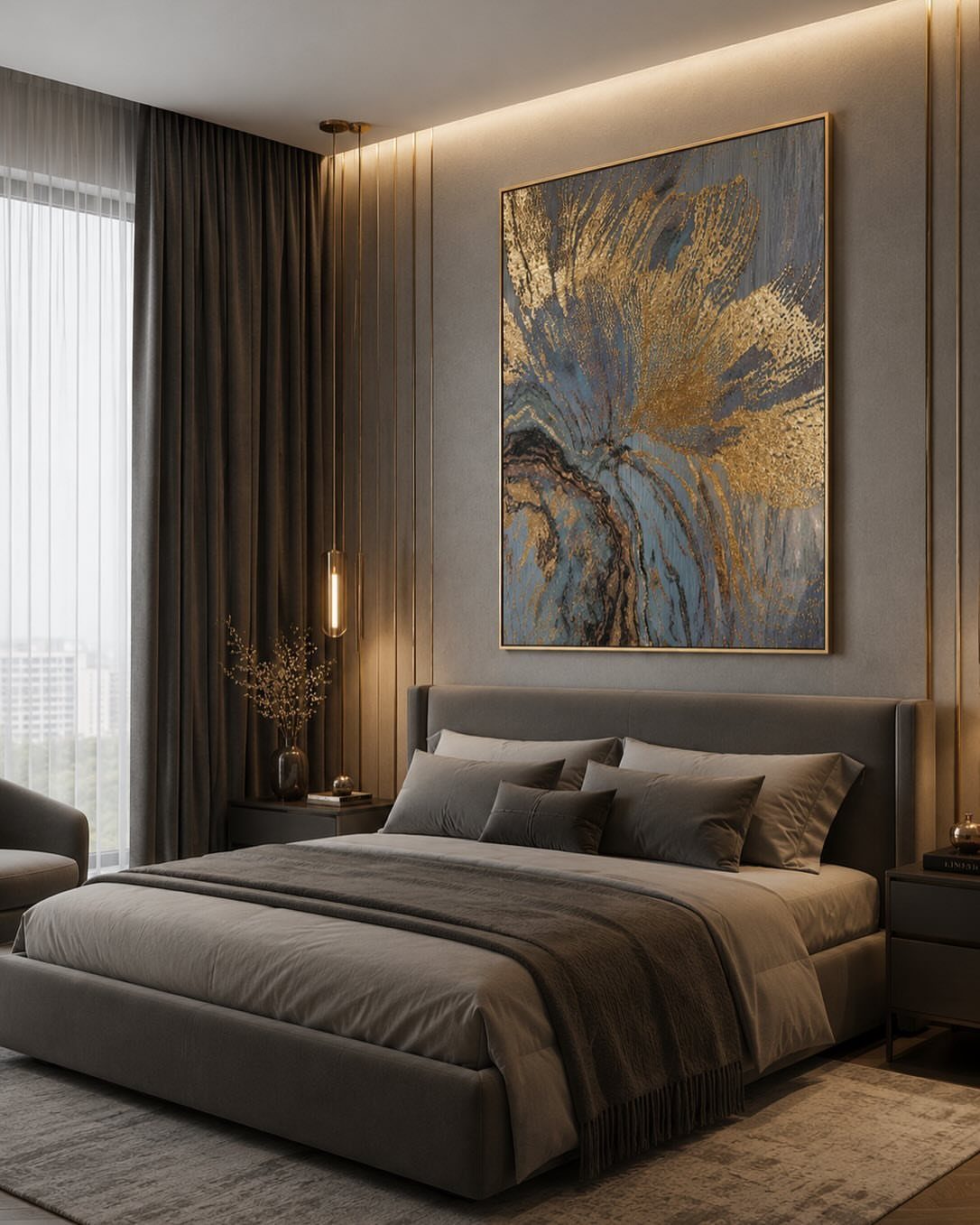 Abstract gold and blue painting hanging above a modern grey luxury bed