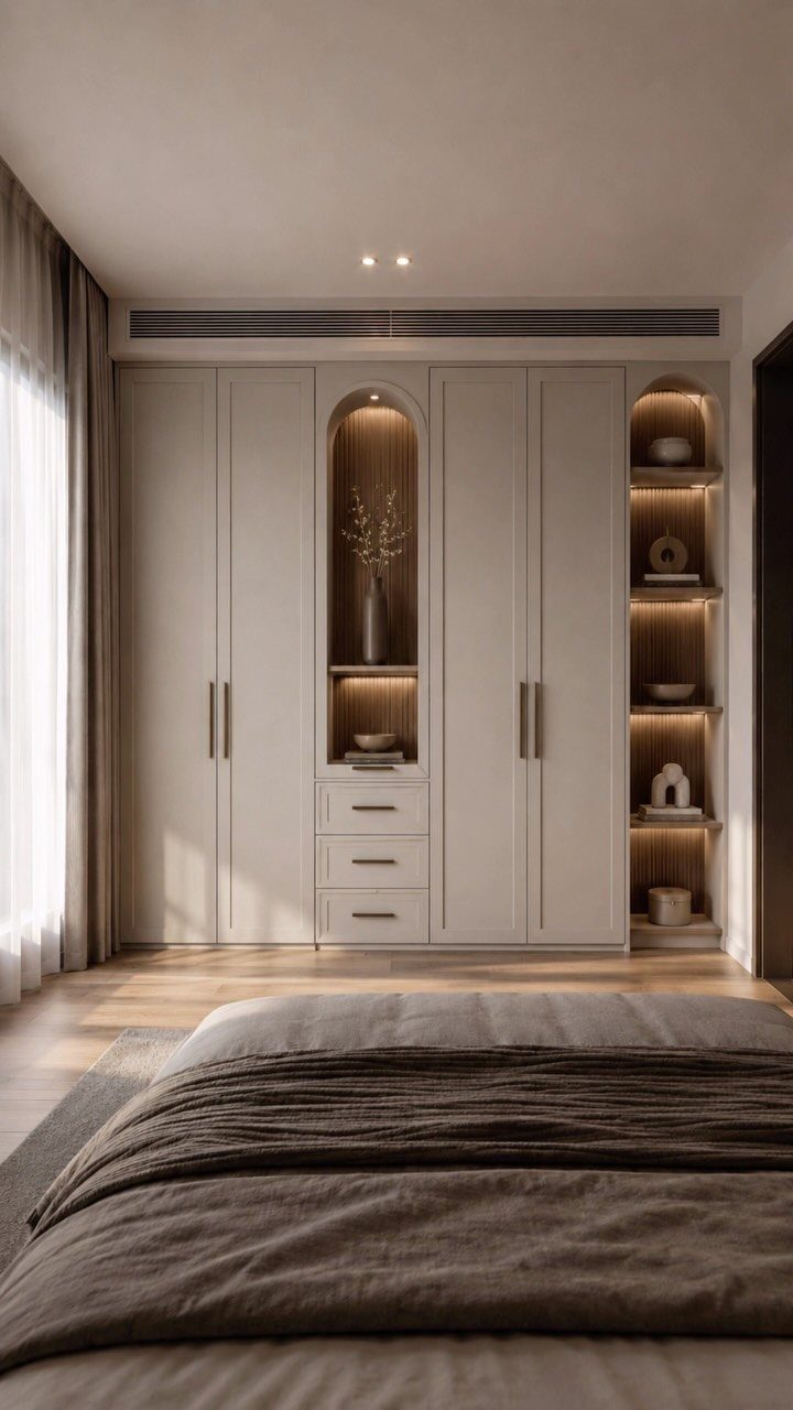 Built-in beige wardrobes with an arched lit niche in a luxury bedroom